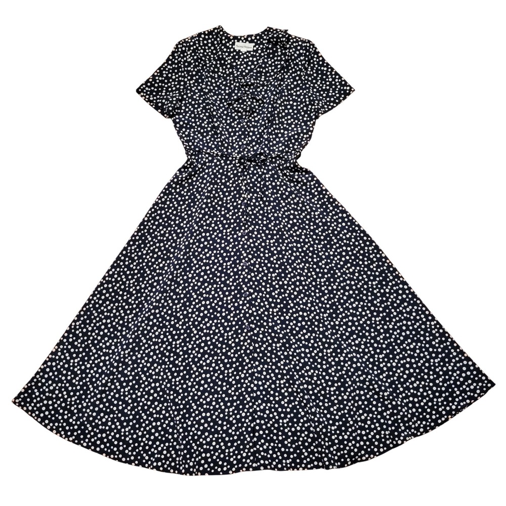 Nicole Navy Polka Dot Maxi Dress 10 Ruffle Collar Retro Coquette Whimsigoth